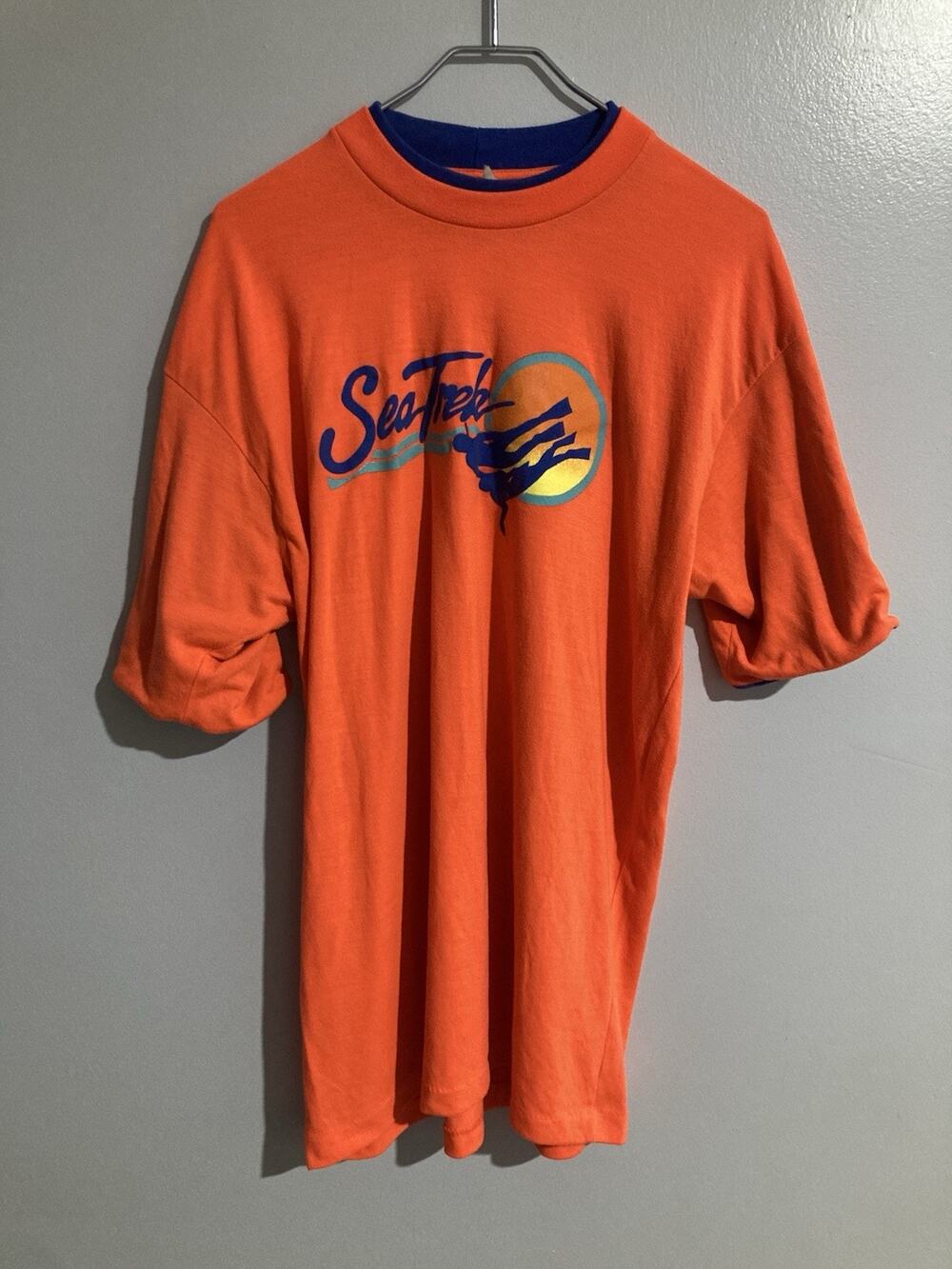 VTG SeaTrek Shirt Men One Size Orange Royal Caribbean Scuba Ringer Single Stitch